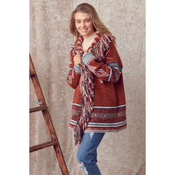 SOLD OUT Cowichan Boho Aztec Native Fringe Print Soft Knit Cardigan Sweater - Picture 8 of 9